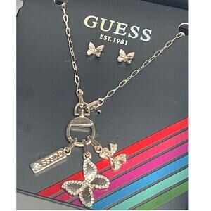 Guess Silver Tone Butterfly Charm Necklace Earrings (3pc Set) Trendy Style NWT